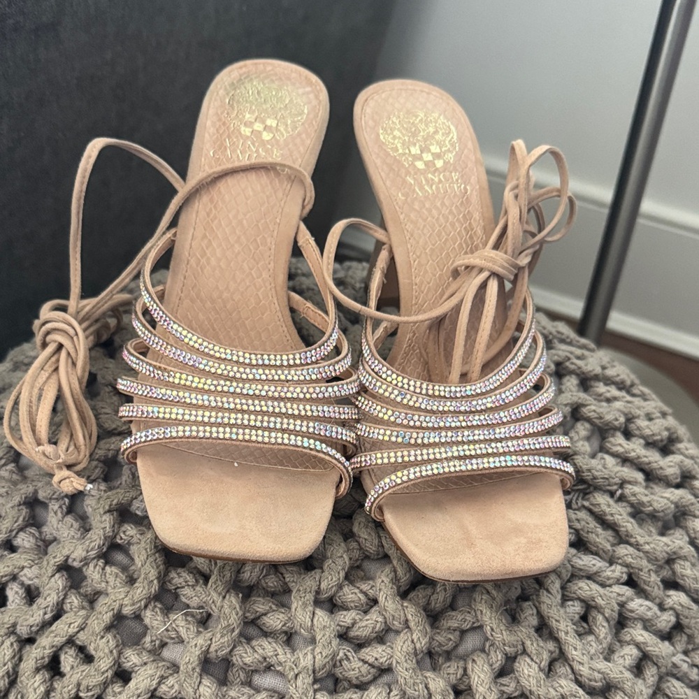 Vince Camuto Nude Strappy Heels with Rhinestones